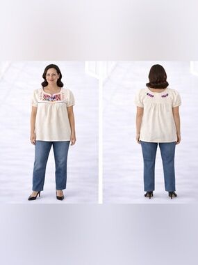 Boho Cream Embroidered Peasant Tunic with Puff Sleeves